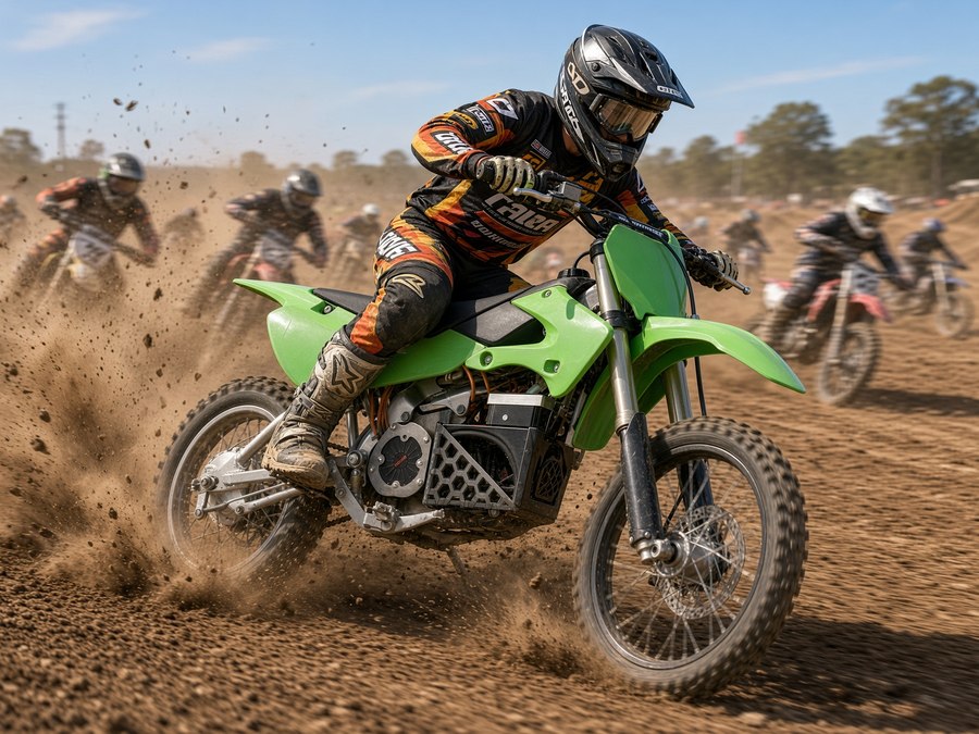 AZ E Moto electric pit bike leading out of a corner on a motocross track