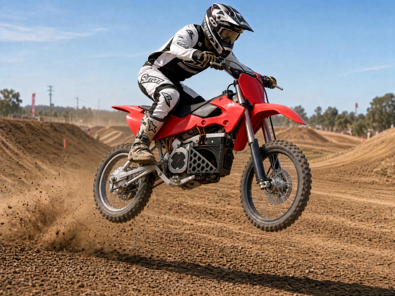 AZ E-Moto converted 110cc pit bike catching air on a motocross track, rider mid-jump