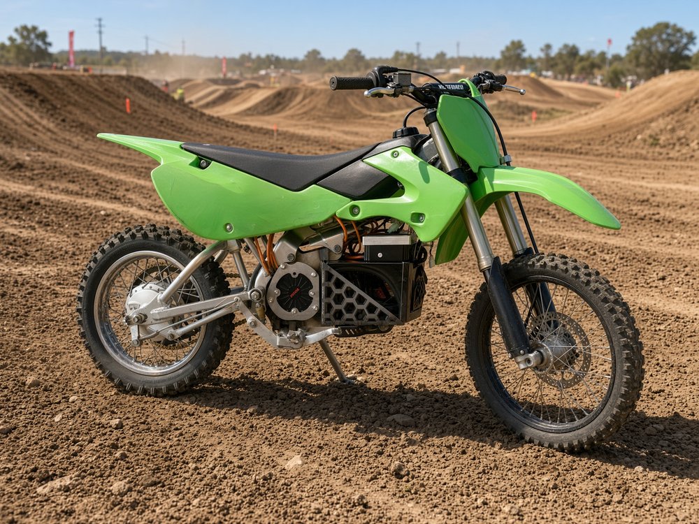 AZ E Moto electric conversion kit installed on a 110cc pit bike on the motocross track